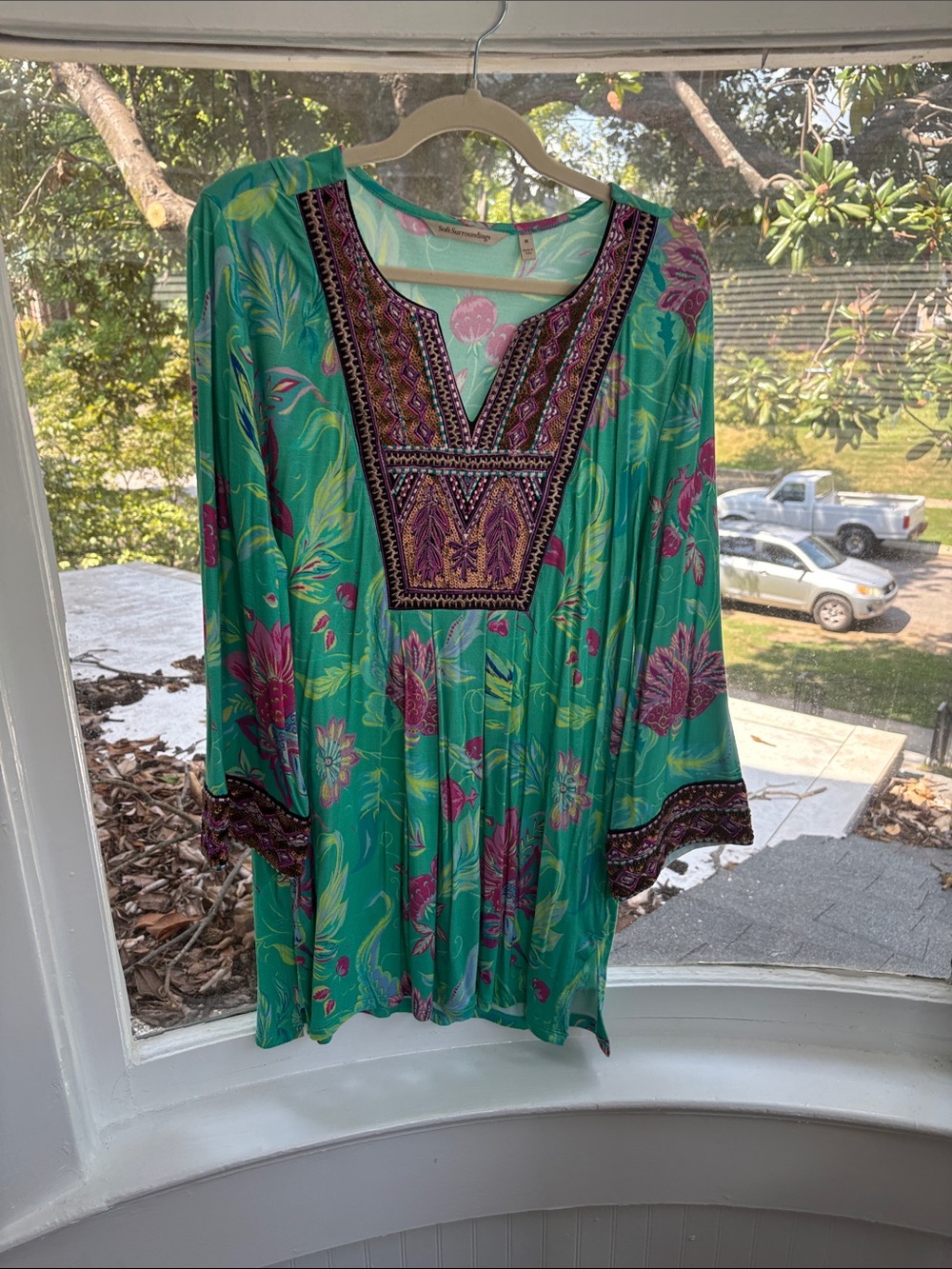 Soft Surroundings Teal Floral Embroidered Tunic-Size Medium